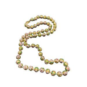 Champleve Cloissone Necklace Long Handknotted Pink Green Gold Red Colorful Beads